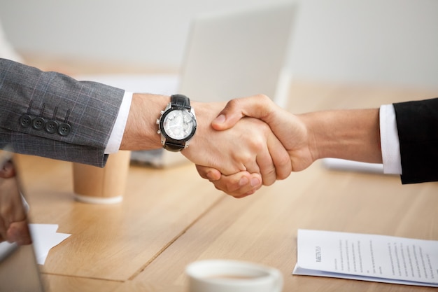 Closeup view of handshake, two businessmen in suits shaking hands