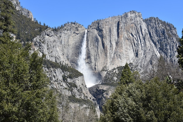 Closeup view of tYosemite Falls in Yosemite National Park in California, USA