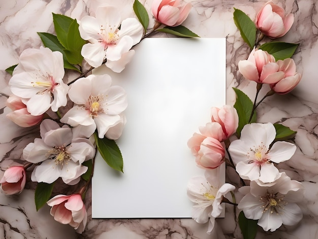 Foto gratuita primo piano cornice bianca per poster vuota con decorazioni floreali su sfondo di cemento