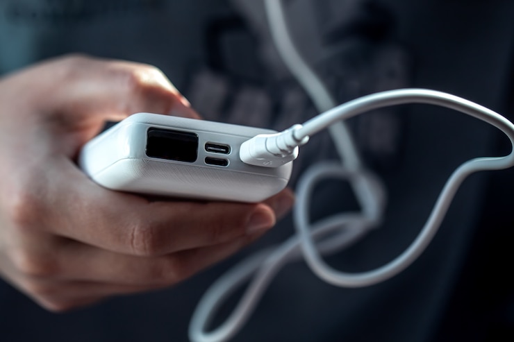 Бесплатный Фотография крупным планом белый power bank в женской руке
