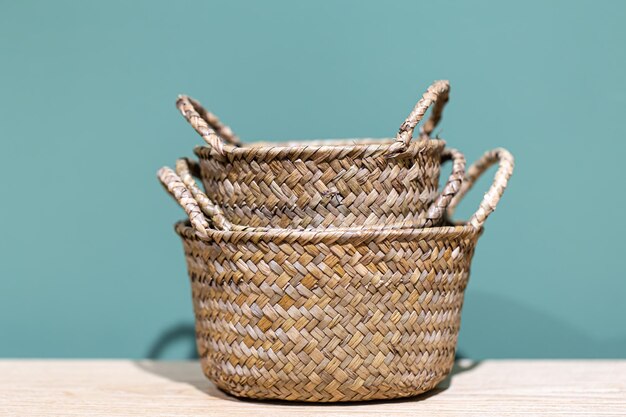 Closeup of wicker baskets on a blue background