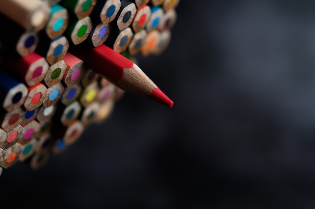 Free photo closeup with a group of colored pencils, selected focus, red