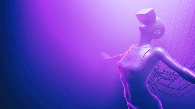 Closeup of woman in vr glasses float in neon space with cables attached to her. metaverse avatar concept.