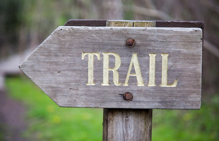 Free Photo closeup of a wooden sign with the [trail] word written on it