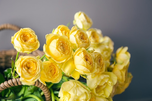 Closeup of yellow spring flowers in a basket