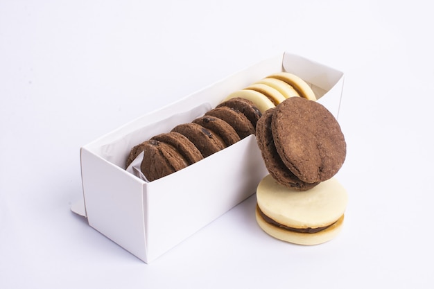 Closeup of yummy chocolate cookies against a white table