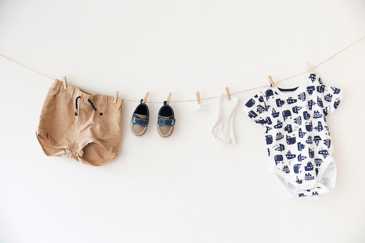 Vêtements bébé adaptés aux bébés prématurés suspendus sur une corde, comprenant un body, des chaussures et un short