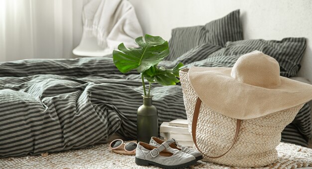 Clothing items in a cozy home interior. Concepts of style and comfort.