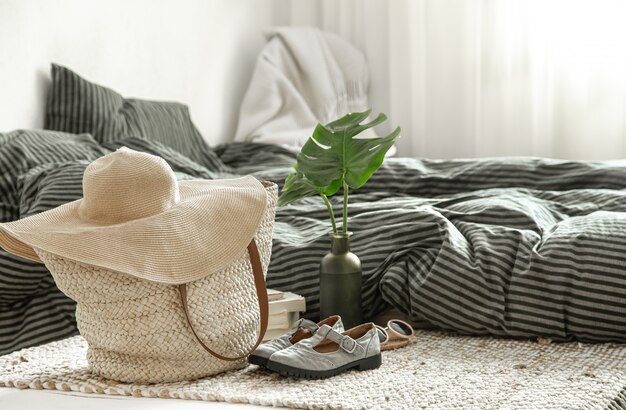 Clothing items in a cozy home interior