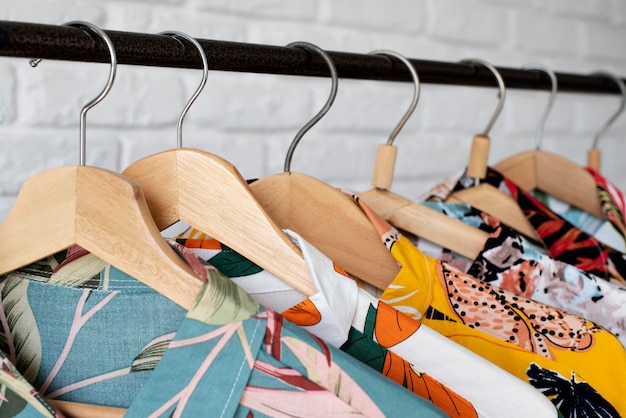 Clothing rack with hawaiian shirts with floral print