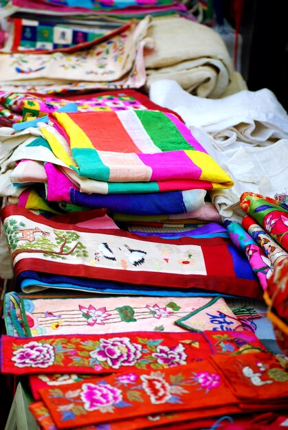 Cloths of embroidered silk and linen in asian market