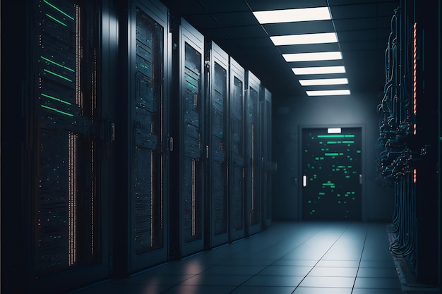 Cloud rack equipment room with big data cyber internet content Blue light server interior modern communication storage hardware system hub