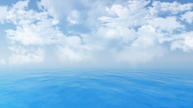 3D визуализации синий океан и пушистые белые облака в небе