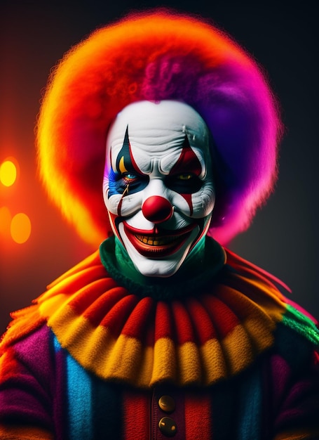 A clown with bright colored hair and a smile on his face.
