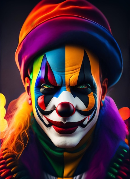 A clown with a rainbow hat and a rainbow colored hat.