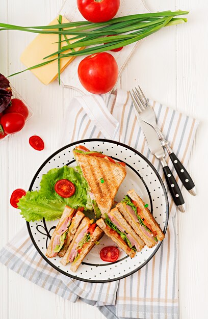 Club sandwich - panini with ham, cheese, tomato and herbs. Top view