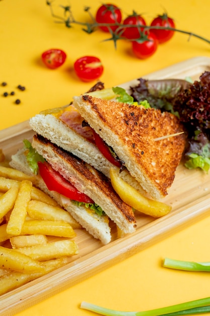Club sandwich with side herbs and fries