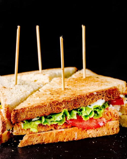 Club sandwiches with sticks in black space.