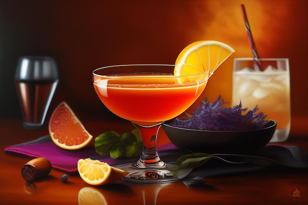 A cocktail with oranges and a drink in a glass