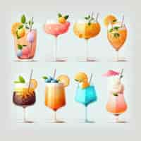 Free photo cocktails set colorful drinks with ice cream orange lemon strawberry blueberry cherry and mint