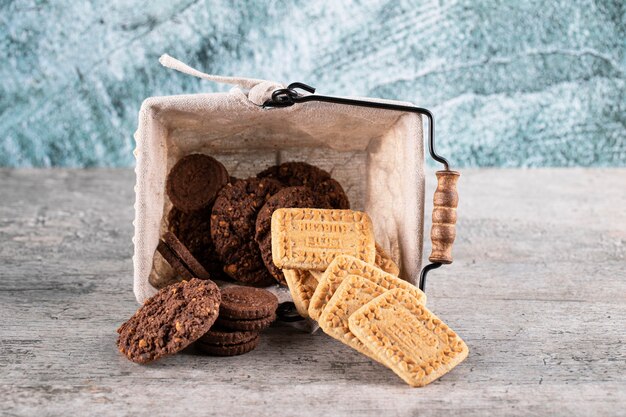 Cocoa and butter biscuits in a basket