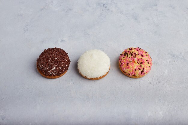 Cocoa and vanilla marshmallow cookies, top view. 