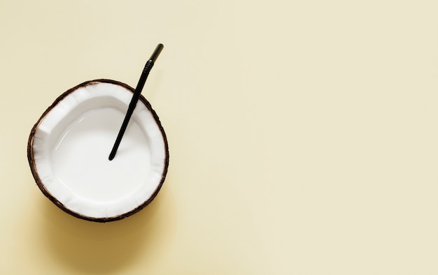 Coconut milk in halved coconut with copy space