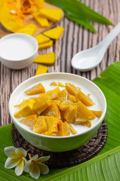 Coconut Milk Stewed Pumpkin in white bowl
