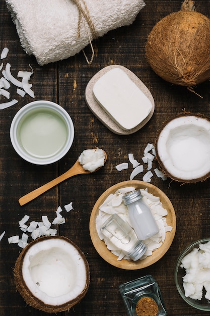 Coconut oil products assortment top view