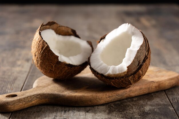 Coconut tropical fruit on wooden table