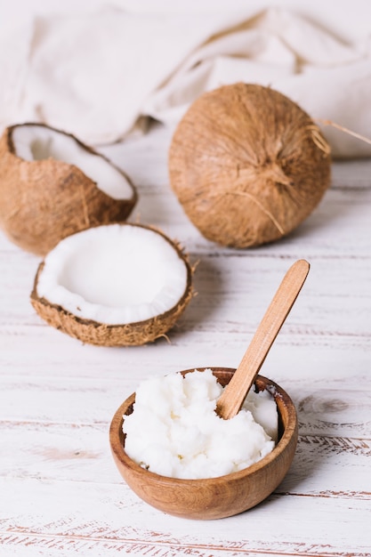 Coconut with coconut oil bowl