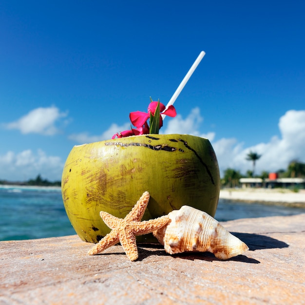 Кокос с соломинкой на пляже у Карибского моря