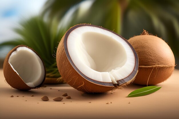 Coconuts are on a table with green leaves.