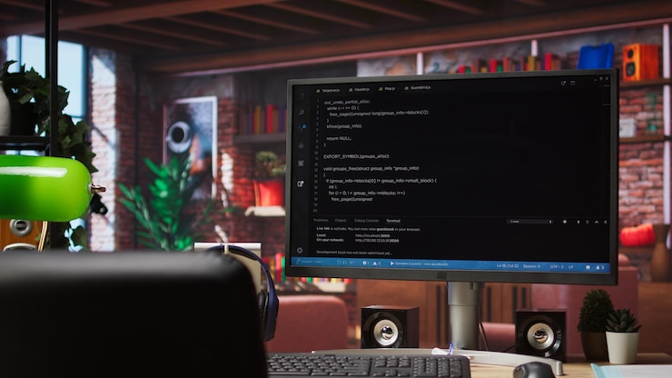 Free Photo code editor on pc display used to build applications in cozy bright living room