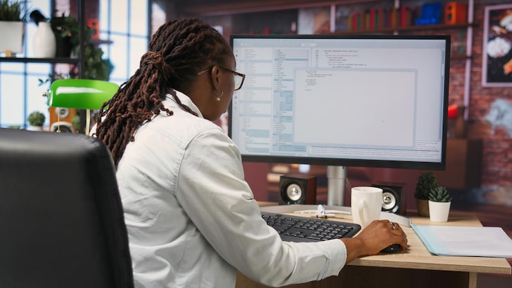 Free Photo coder at workstation programming on pc writing lines of code using development tools feeling