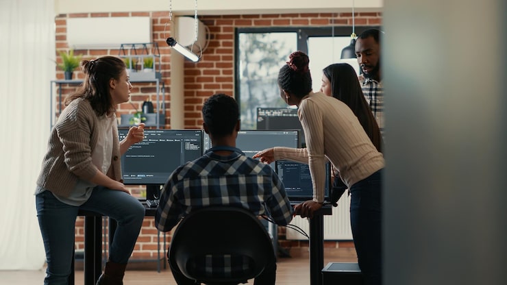 Free Photo coders discussing about source code compiling discovers errors and asks the rest of the team for explanations in front of multiple screens running algorithms. software developers doing teamwork.
