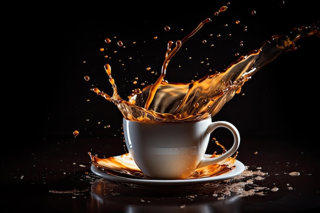 Coffe splash in mug on black background