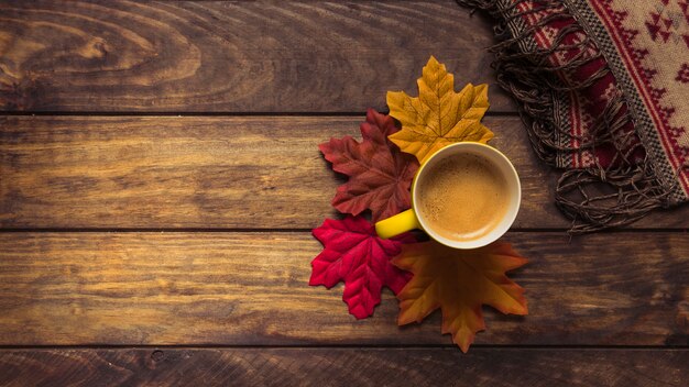 Coffee and autumn maple leaves composition 