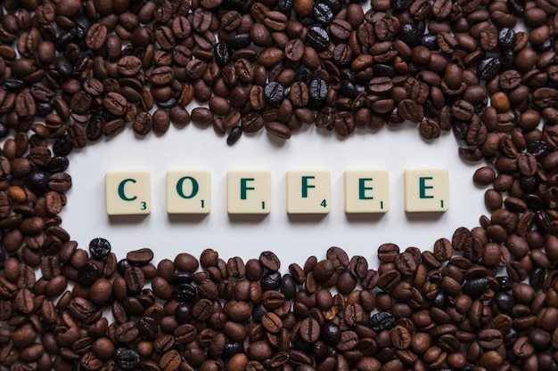 Free photo coffee beans around writing