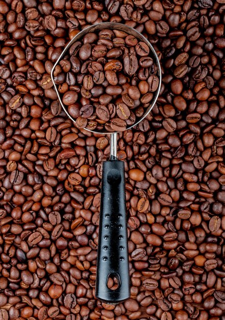 Coffee beans in a coffeepot or turk on coffee beans top view