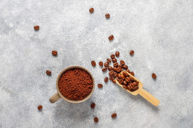 Coffee beans and ground powder.