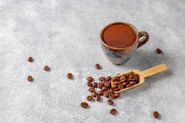 Coffee beans and ground powder.