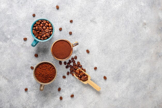 Coffee beans and ground powder.