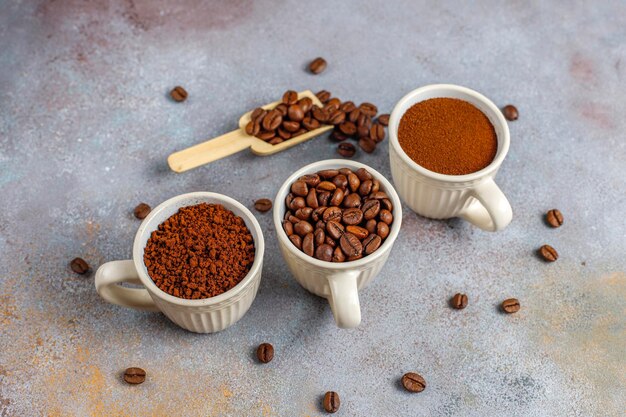 Coffee beans and ground powder.