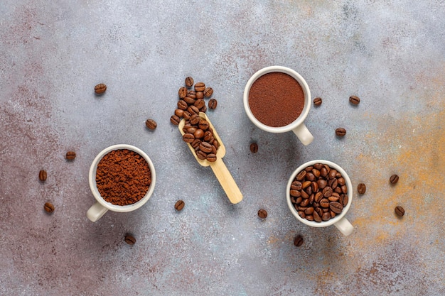 Coffee beans and ground powder.