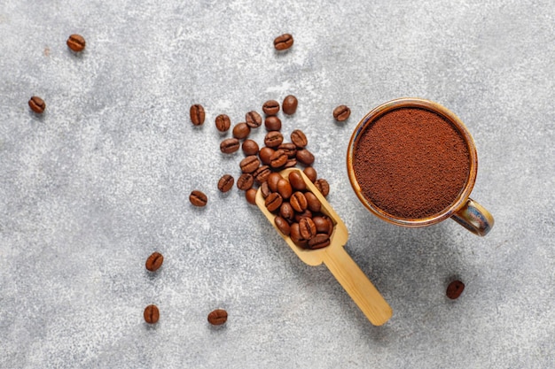 Coffee beans and ground powder.