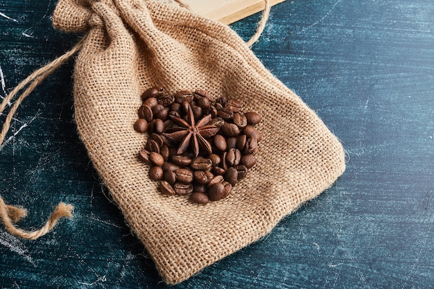 Free photo coffee beans on a piece of burlap.