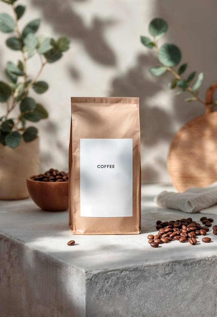 Free Photo coffee beans sack on a rustic table with leaves