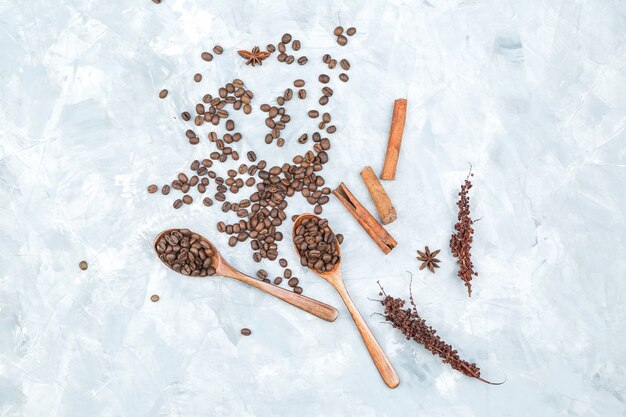 Coffee beans and spices on grunge background