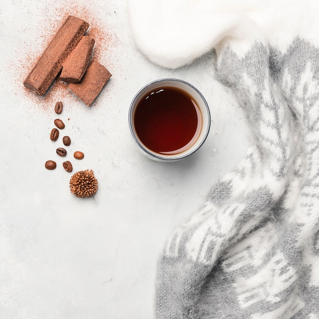 Coffee beans and tea flat lay